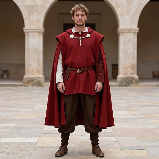 Photograph of a Caucasian man with short brown hair, wearing a red medieval cloak, white shirt, brown pants, and boots, standing in a stone
