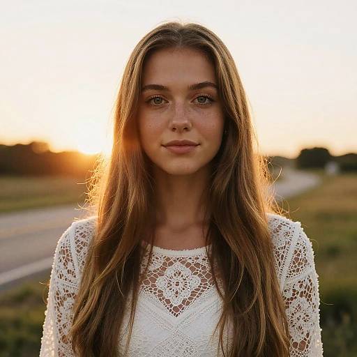 Young Woman in White Lace Top at Sunset