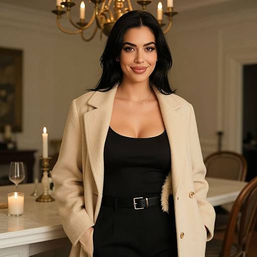 Photograph of a smiling woman with long black hair, wearing a beige coat over a black dress, standing in a warmly lit, elegant room with candles