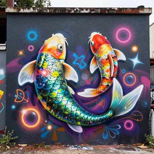 Hyperreal Neon Koi Mermaid Graffiti Mural