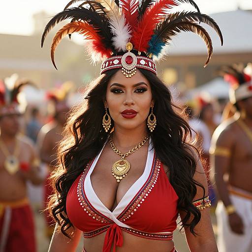 Photograph of a Latina woman with long black hair, wearing a red and white braided top, gold jewelry, and a feathered headdress,