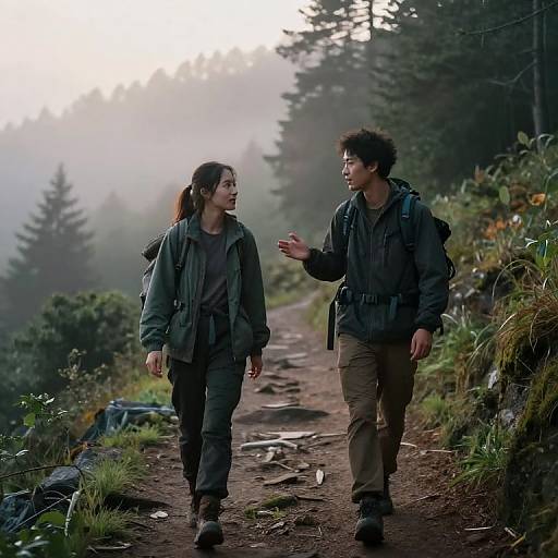 Photograph of a young Asian couple hiking in a misty forest, wearing outdoor gear, talking and gesturing on a dirt path.