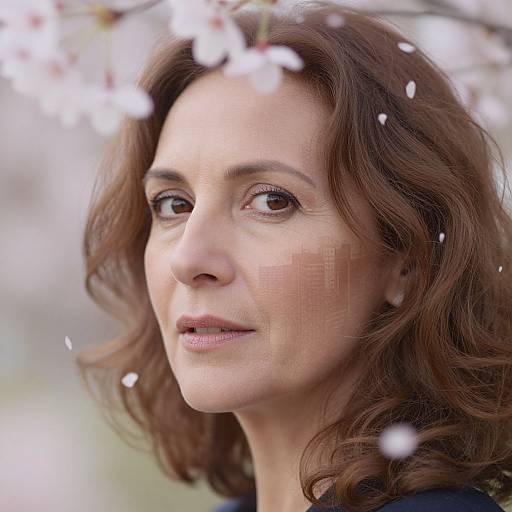 Photograph of a middle-aged woman with wavy brown hair, fair skin, and brown eyes, looking to the side against a blurred floral background with