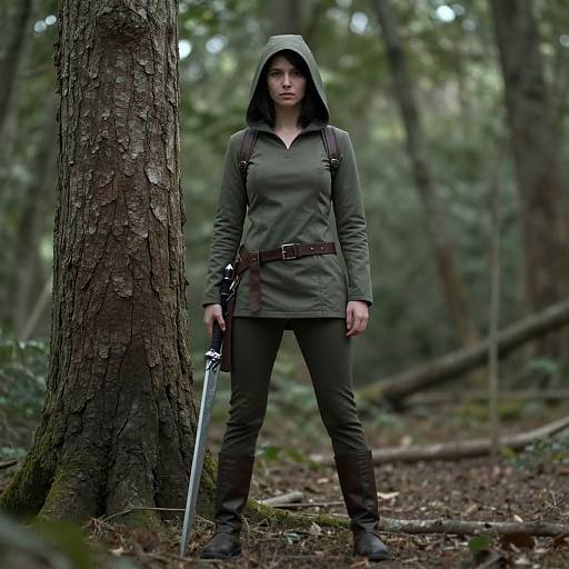 Photograph of a serious woman in a green hooded cloak, black pants, and boots, standing in a forest holding a sword, tree trunk in