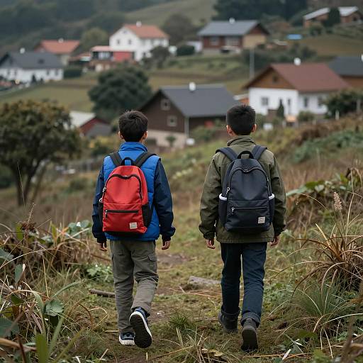 Two Boys Exploring a Grassy Hill