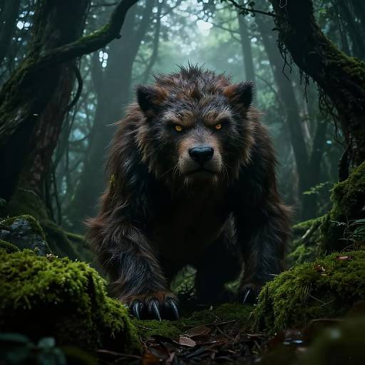 Digital art of a fierce, glowing-eyed bear with dark fur and sharp claws, standing menacingly in a misty, moss-covered forest.