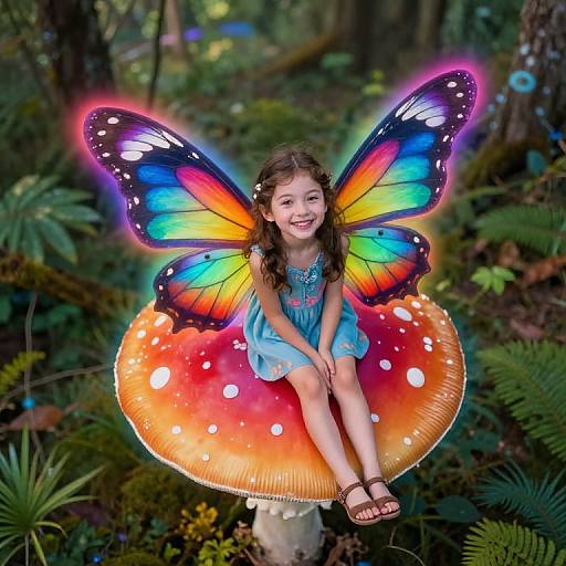 Photograph of a smiling young girl with vibrant, rainbow-colored butterfly wings, sitting on a large, red-spotted mushroom in a lush, forested