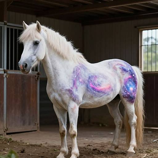 Photograph of a white horse with a glowing, iridescent, galaxy-patterned body in a dimly lit barn with wooden walls and a window