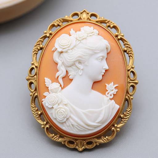 Ornate gold oval brooch with white bas-relief profile of a woman with flowers in her hair, set against a peach background.