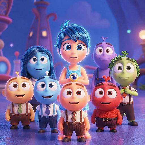 CGI image of colorful, chibi-style characters in a whimsical, blue-lit setting. Includes a blue-haired girl, six small, round