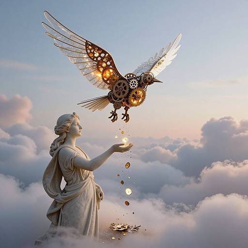 Photograph of a white marble statue of a classical woman pouring gold sparks into a detailed, winged bird with a mosaic pattern, set against a cloudy