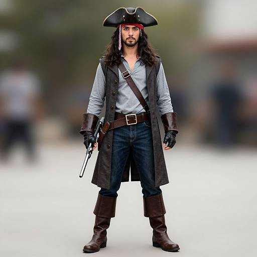 Photograph of a bearded man in a pirate costume: black tricorn hat, grey shirt, black vest, dark pants, brown boots, and