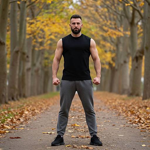 Muscular Man on Autumn Forest Path