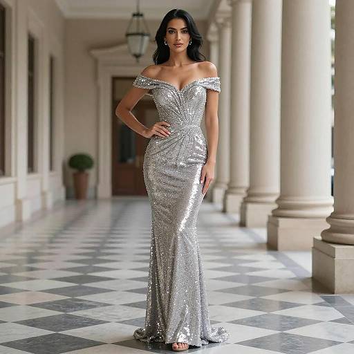Confident Woman in Silver Sequin Gown