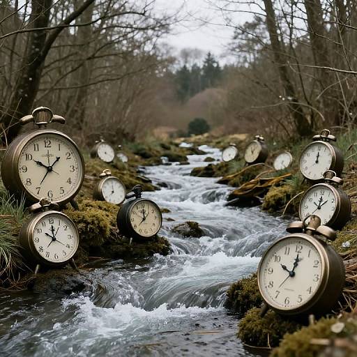 Photograph of vintage brass alarm clocks with white faces, black hands, and numbers, scattered along a mossy forest stream, flowing water in the center
