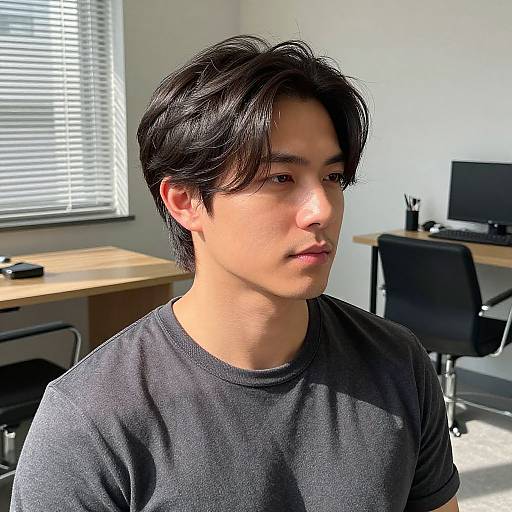 Photograph of a young Asian man with short black hair, wearing a gray t-shirt, seated in a sunlit office with wooden desks and black chairs