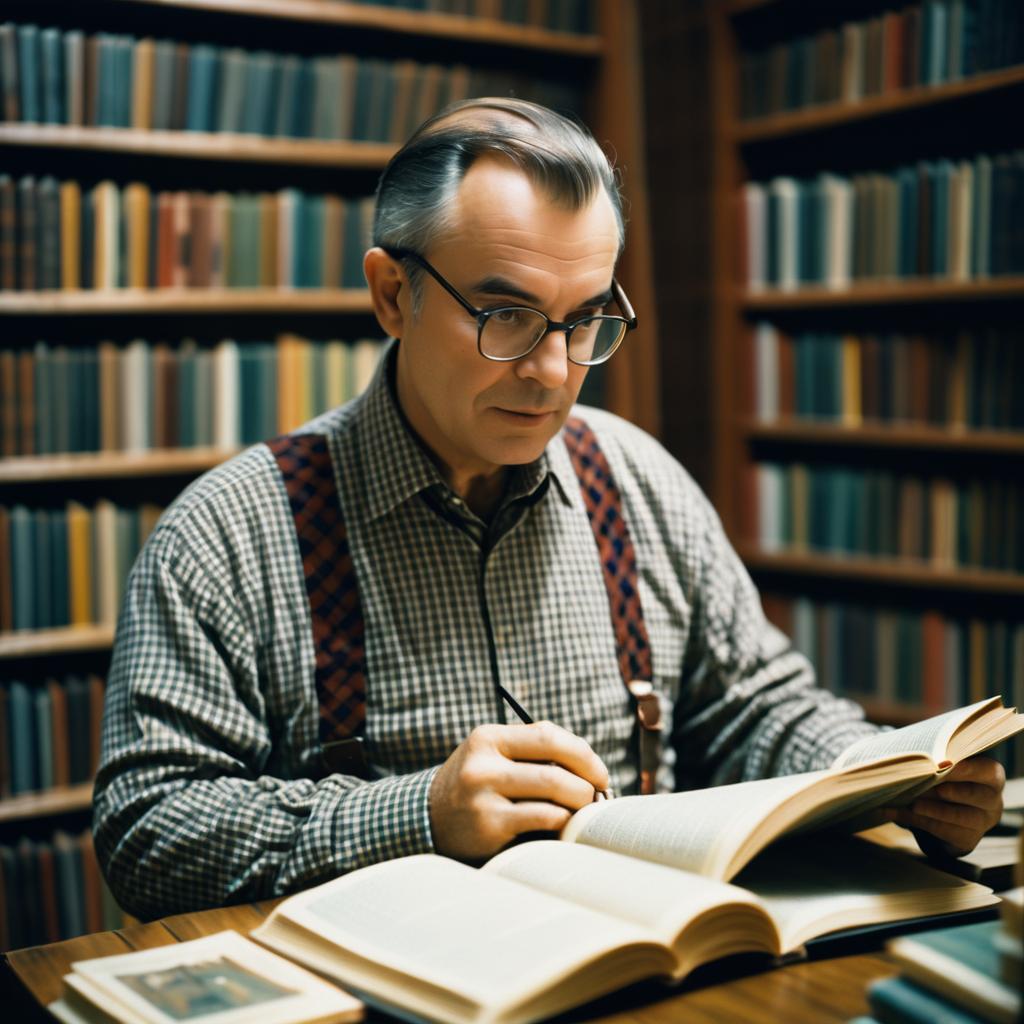 Cinematic Library Scene with Bookish Man