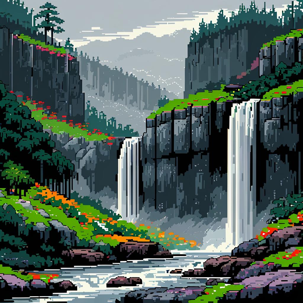 Retro Pixel Art of Rocky Highlands Waterfalls