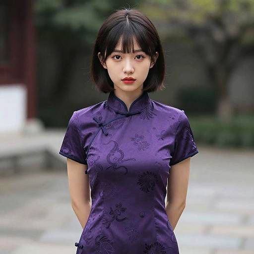 Photograph of an East Asian woman with short black hair, wearing a purple floral-patterned cheongsam, standing outdoors with a blurred garden background.