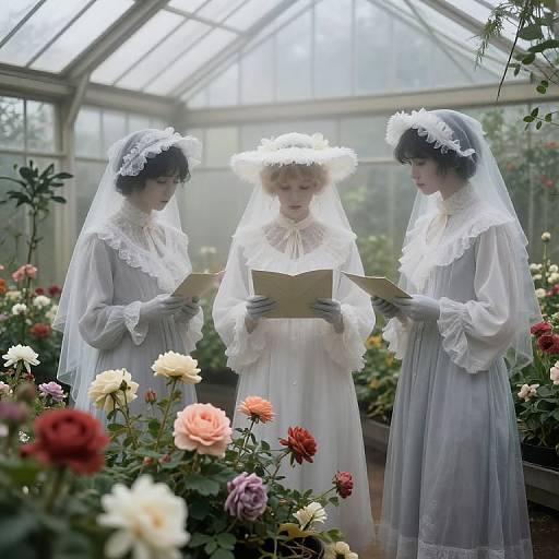 Photograph of three Victorian-style women in white dresses and lace veils, reading books in a lush greenhouse filled with colorful flowers.