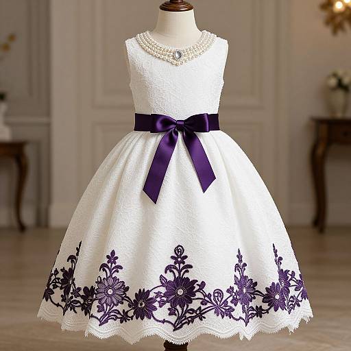 Photograph of a white lace sleeveless dress with a purple ribbon belt, floral embroidery on the skirt, displayed on a mannequin in a softly