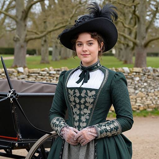 Photograph of a young woman in Victorian-era clothing with black hat, white lace gloves, and green dress, standing in a park with stone wall and