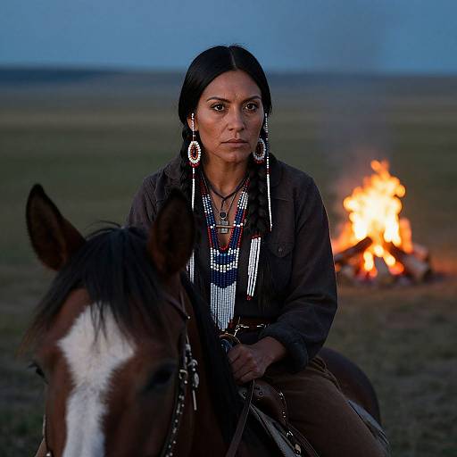 Photograph of a serious Native American woman with long black hair, wearing traditional jewelry and clothing, riding a horse by a campfire at dusk.