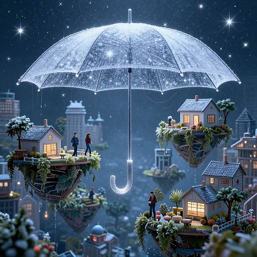 Dreamy night scene: glowing, star-covered umbrella hovers above floating, illuminated houses with people, surrounded by lush greenery and twinkling stars.