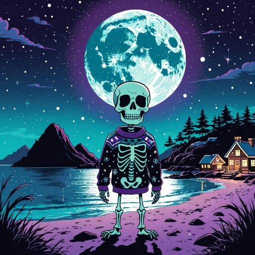 Cute Skeleton in Christmas Sweater at Night Island
