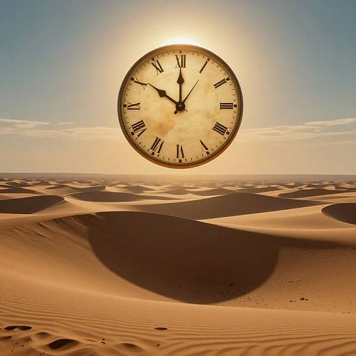 Photograph of a large, floating clock with Roman numerals above a desert landscape with rolling sand dunes and a bright sun.
