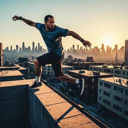 Parkour Runner Jumping on Rooftop at Sunrise