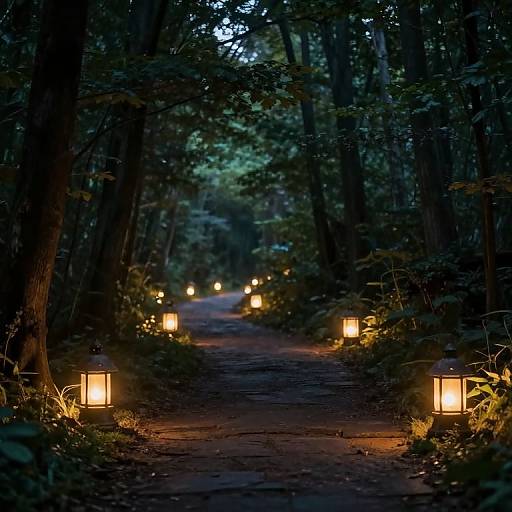 Photograph of a dimly lit forest path at night, illuminated by glowing lanterns evenly spaced along the winding trail.