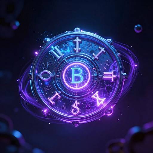 Neon blue and purple digital artwork of a glowing Bitcoin symbol surrounded by astrological zodiac signs and floating particles.