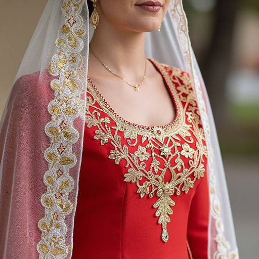 Photograph of an Asian woman in a red traditional dress with gold embroidery, white lace veil, gold earrings, and necklace.