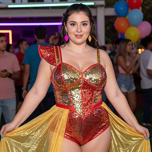 Photograph of a curvy woman with long dark hair, wearing a sparkling red and gold sequin leotard with yellow cape, colorful earrings,