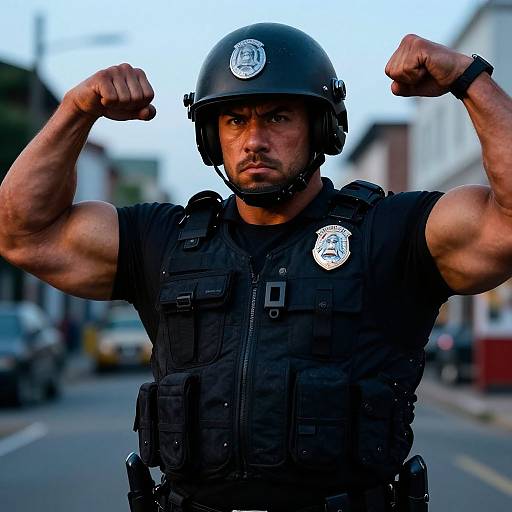 Photograph of a muscular male police officer with tan skin, flexing arms, wearing black tactical vest, helmet, and badge, standing on urban street