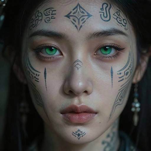 Photograph of a young woman with striking green eyes, fair skin, and intricate black tribal tattoos on her face, set against a dark background. Her