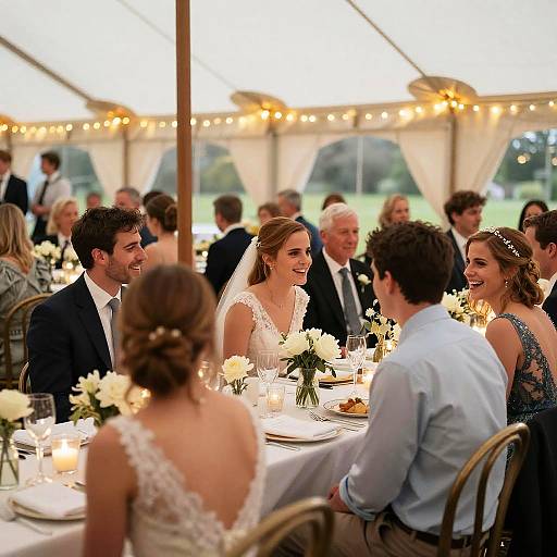 Photograph of a joyful wedding reception with guests laughing and chatting under string lights in a tented outdoor setting. Bride in lace gown and groom in suit