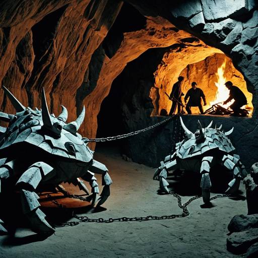 Cubist Cave Scene with Chained Prisoners and Giant Crab Sculptures