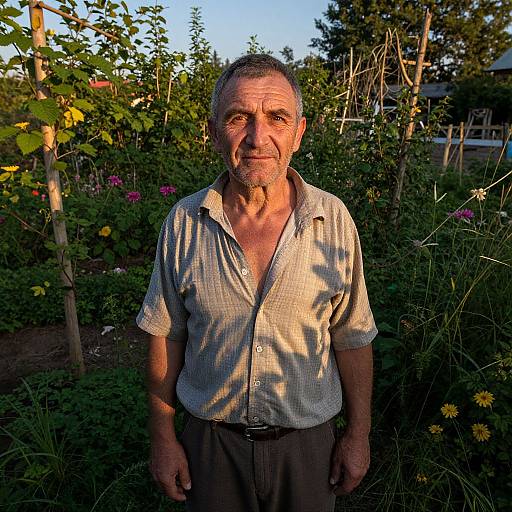 Photograph of an elderly man with graying hair and beard, wearing a light checkered shirt, standing in a sunlit, colorful garden.