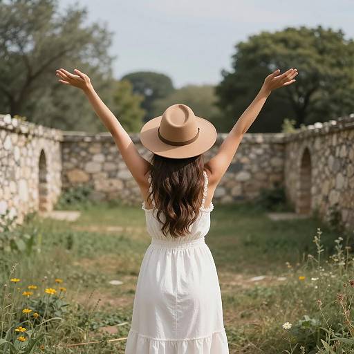 Topless Woman in Grassy Courtyard