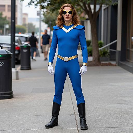 Photograph of a man with long brown hair, wearing a blue superhero costume with gold accents, white gloves, and black boots, standing on a city