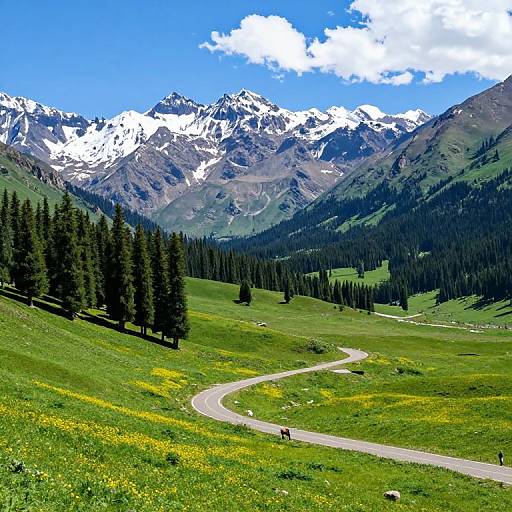 Photograph of a vibrant mountain landscape with snow-capped peaks, a winding road, green grass, yellow wildflowers, and a forested valley under