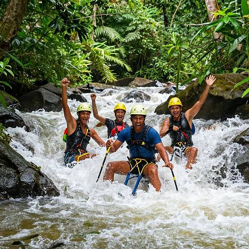 Four smiling men in yellow helmets and life vests, white water rafting through a lush, green jungle stream, raising arms in excitement. Vibrant photograph