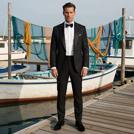 Photograph of a handsome, tall man in a black tuxedo with a bow tie, standing on a wooden dock by boats, with green and