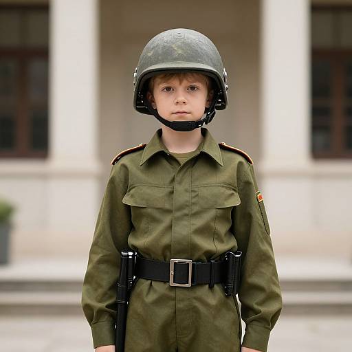 Photograph of a young Caucasian boy in a green military uniform, black helmet, and belt, standing serious in front of a blurred building.