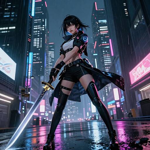 Cyberpunk cityscape at night, rain-soaked street. Female warrior with black hair, futuristic outfit, thigh-high boots, and glowing sword,