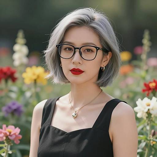 Elegant Woman with Gray Hair and Glasses in Floral Garden
