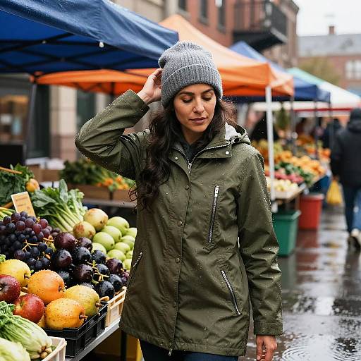 Photograph of a young woman with long dark hair, wearing a grey knit hat and green jacket, standing at a rainy outdoor market, surrounded by colorful