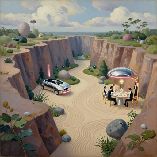 Digital painting: surreal canyon scene with a futuristic car with red light, glass dome dining table, four people, lush greenery, and cloudy sky.